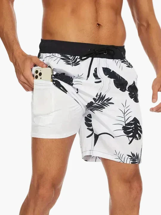 Tropische Herren Badeshorts mit integrierter Kompressionsshorts. Komfortable Strandmode für den Sommer.