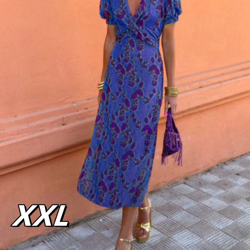 Edles Damen Wickelkleid mit Blumenprint, V-Ausschnitt, fließt elegant bis zum Boden, Sommer-tauglich.
