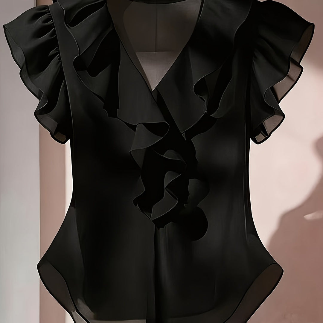 Elegante Bluse mit V-Ausschnitt, Rüschen & Volantärmeln. Für die moderne Frau.