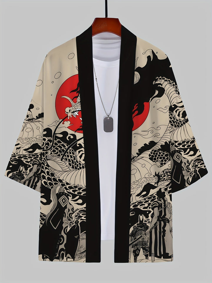Lässiger Herren Kimono Cardigan im japanischen Stil. Moderner Streetwear mit Drachen- & Samurai-Motiven.
