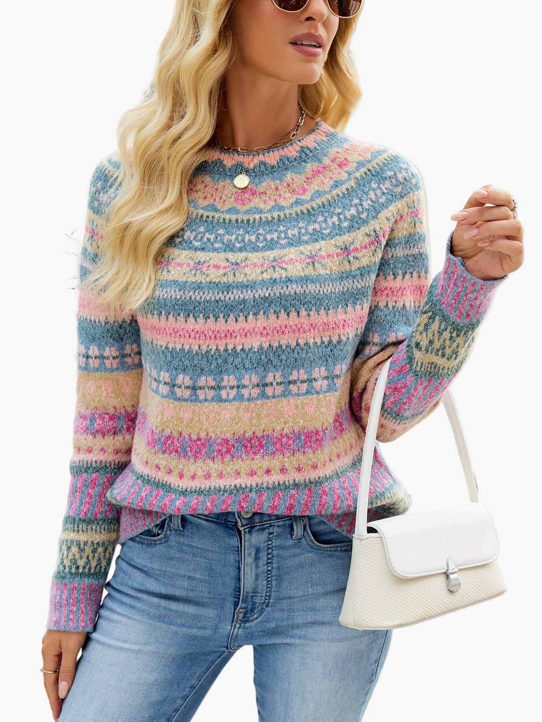 Eleganter Damen Strickpullover mit Fair Isle Muster, ideal für Herbst- und Wintermode. Gemütlich und stilvoll.