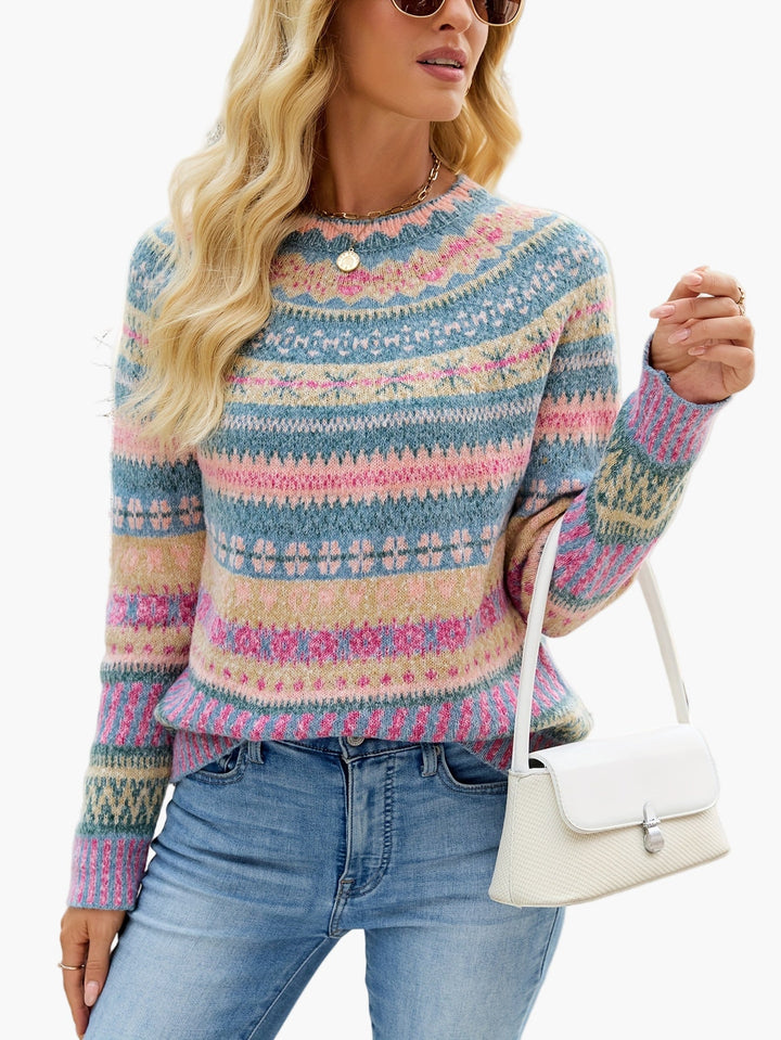 Eleganter Damen Strickpullover mit Fair Isle Muster, ideal für Herbst- und Wintermode. Gemütlich und stilvoll.