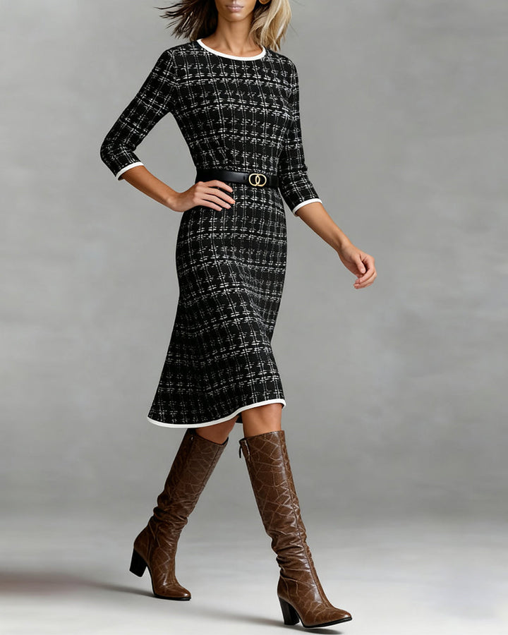 Knielanges A-Linien Damenkleid in Schwarz. Perfekt als Herbst Freizeit- oder stilvolles Bürokleid.