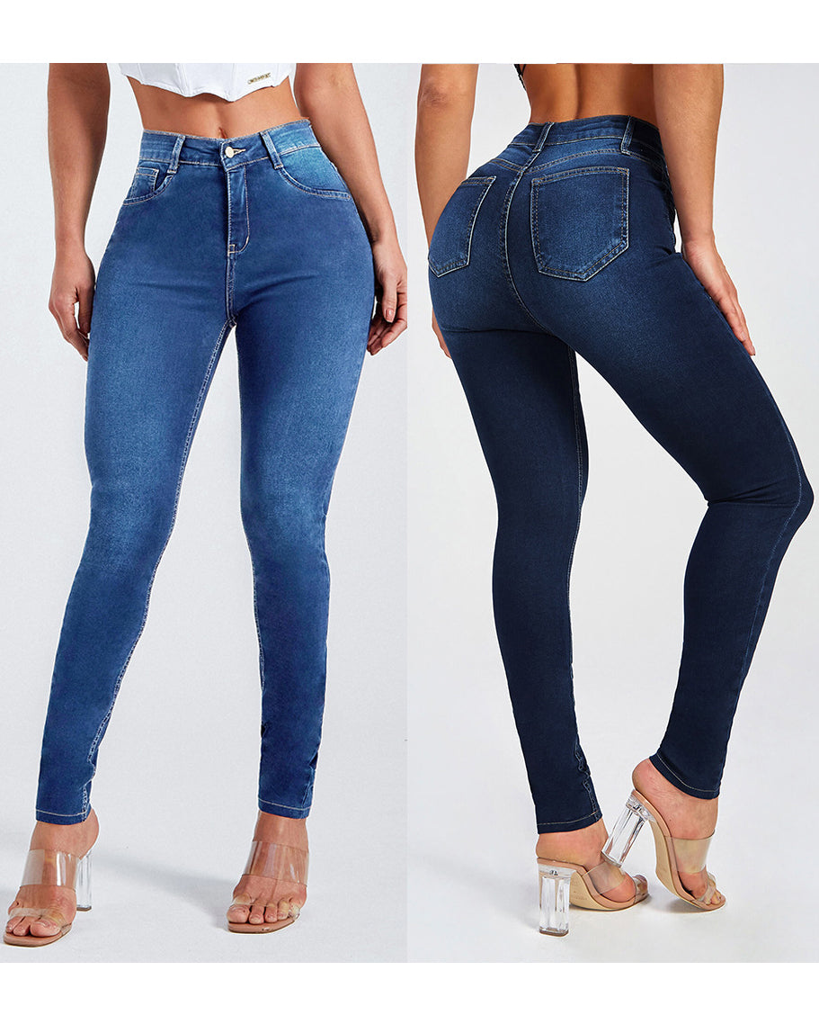 Rückansicht der figurformenden Damen Skinny Jeans High Waist Stretch in Blau, betont die Taille und Passform.