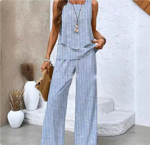 Ärmelloser Damen Sommer-Zweiteiler: elegantes Oberteil & weite Hose für einen luftigen, modernen Look.