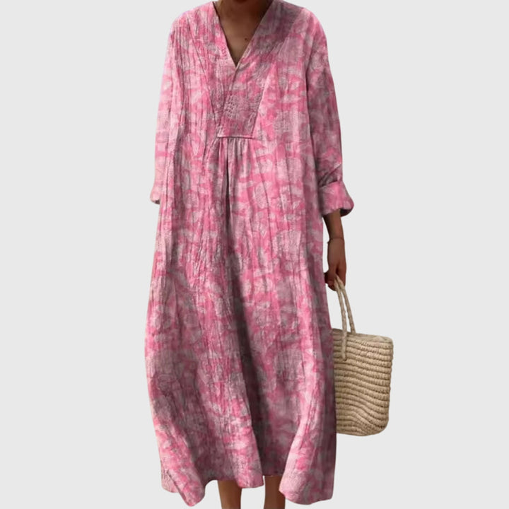 Boho Damen Freizeit Maxikleid mit Allover-Muster, Langarm und fließendem Stufenrock.