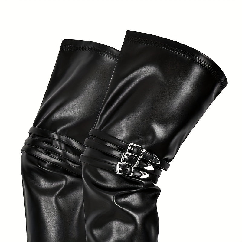 Schwarze Damen Overknee Stiefel mit Schnallen-Detail und hohem Absatz, perfekt für einen stilvollen Auftritt.