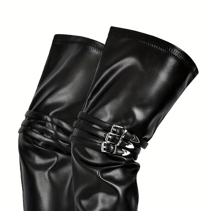 Schwarze Damen Overknee Stiefel mit Schnallen-Detail und hohem Absatz, perfekt für einen stilvollen Auftritt.