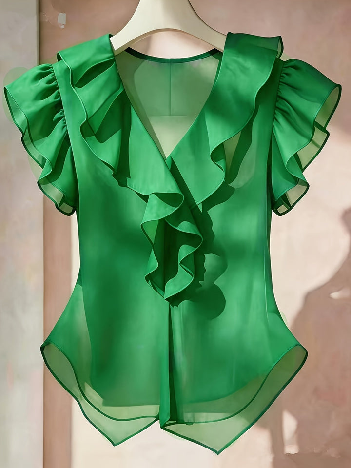 Trendige Rüschenbluse für Damen. Mit V-Ausschnitt & verspielten Volantärmeln.