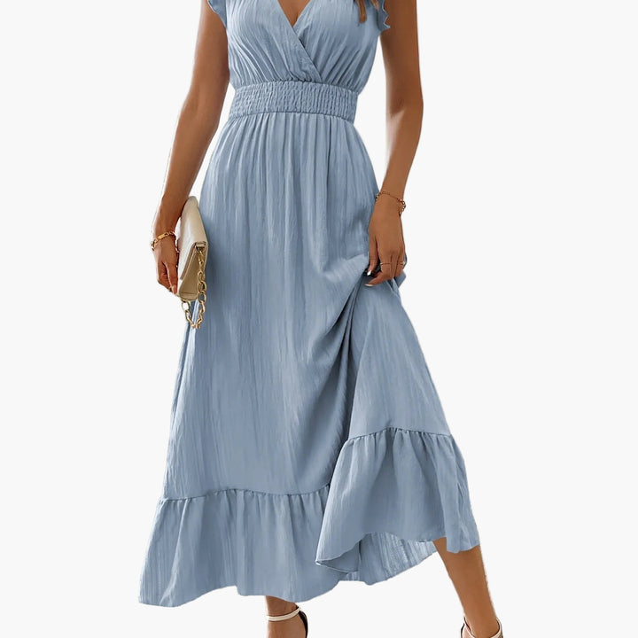 Festliches Maxikleid für Damen: Elegantes Design, Volantärmel und V-Ausschnitt. Für den Sommer.