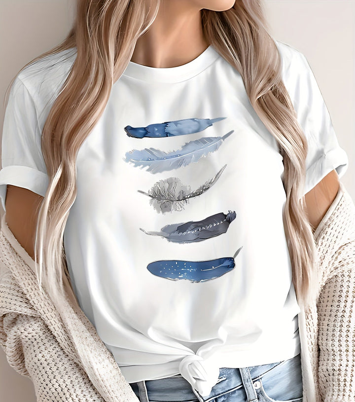 Trendiges Damen Kurzarm T-Shirt mit elegantem Feder-Motiv. Ideal für Alltag & Freizeit.