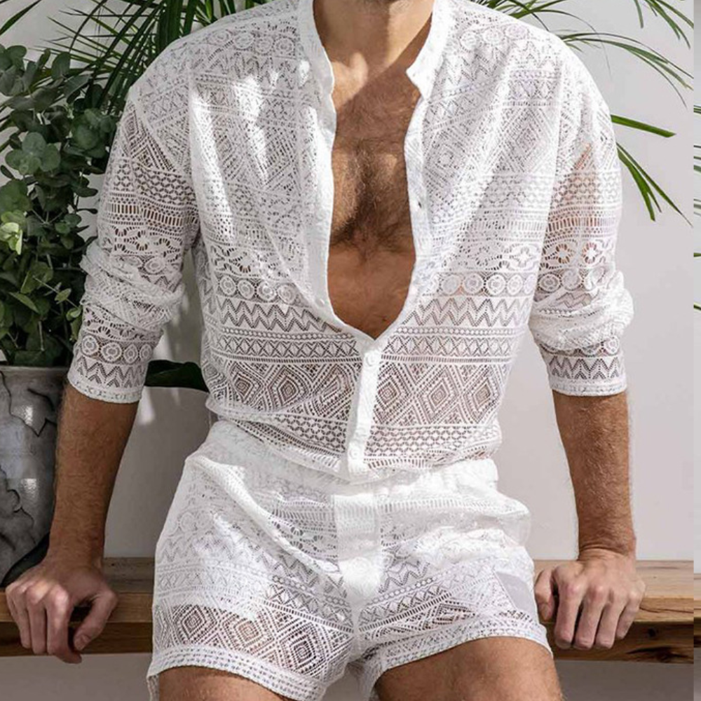 Herren luftiges Kurzarm-Sommershirt-Set. Lässiges Freizeit-Outfit für Strand & Urlaub, komfortabel & stylisch.