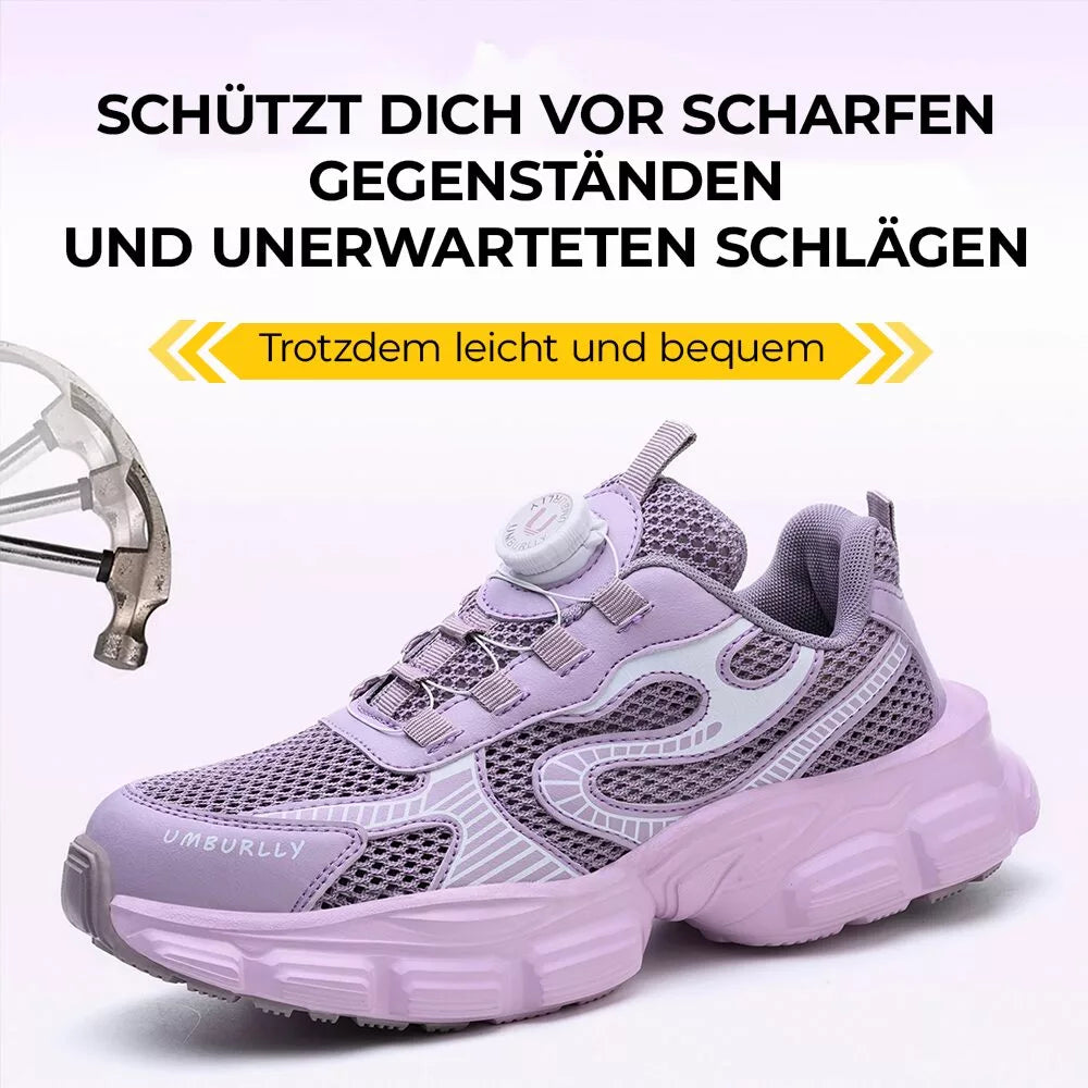 Rutschfeste Damen Arbeitsschuhe mit Stahlkappe in Schwarz, atmungsaktiv und komfortabel.