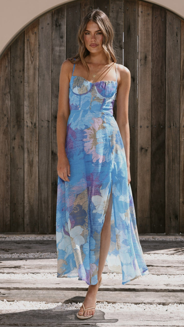 Langes, elegantes blaues Blumen Maxikleid für Damen, perfekt für festliche Events und Abende.