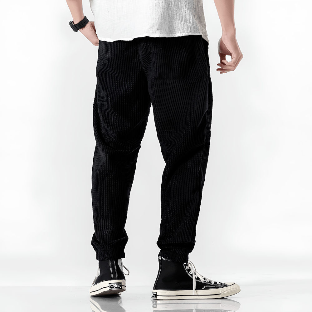 Rückansicht einer klassischen Herren Cordhose mit geradem Bein. Vielseitige Alltagshose für Herbst und Winter Mode.