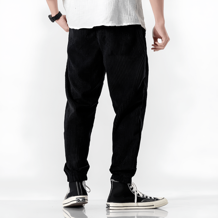 Rückansicht einer klassischen Herren Cordhose mit geradem Bein. Vielseitige Alltagshose für Herbst und Winter Mode.