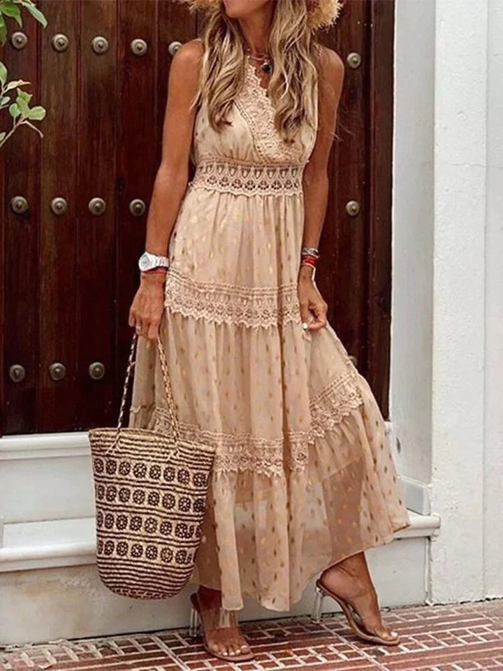 Fließendes langes Sommerkleid für Damen, mit Blumenprint, Halbarm & Kordelzug, luftig leicht.