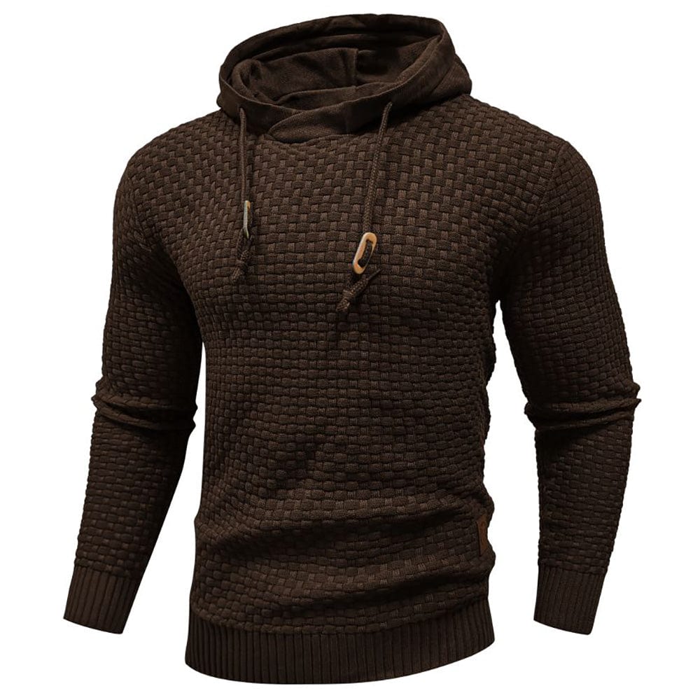 Herrenpullover mit Kapuze, Detailaufnahme. Weicher Stoff, ideal für kalte Tage.