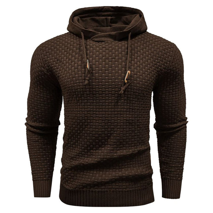Schwarzer Herrenpullover mit Kapuze, seitlicher Schnitt. Ideal für Outdoor & Freizeit.