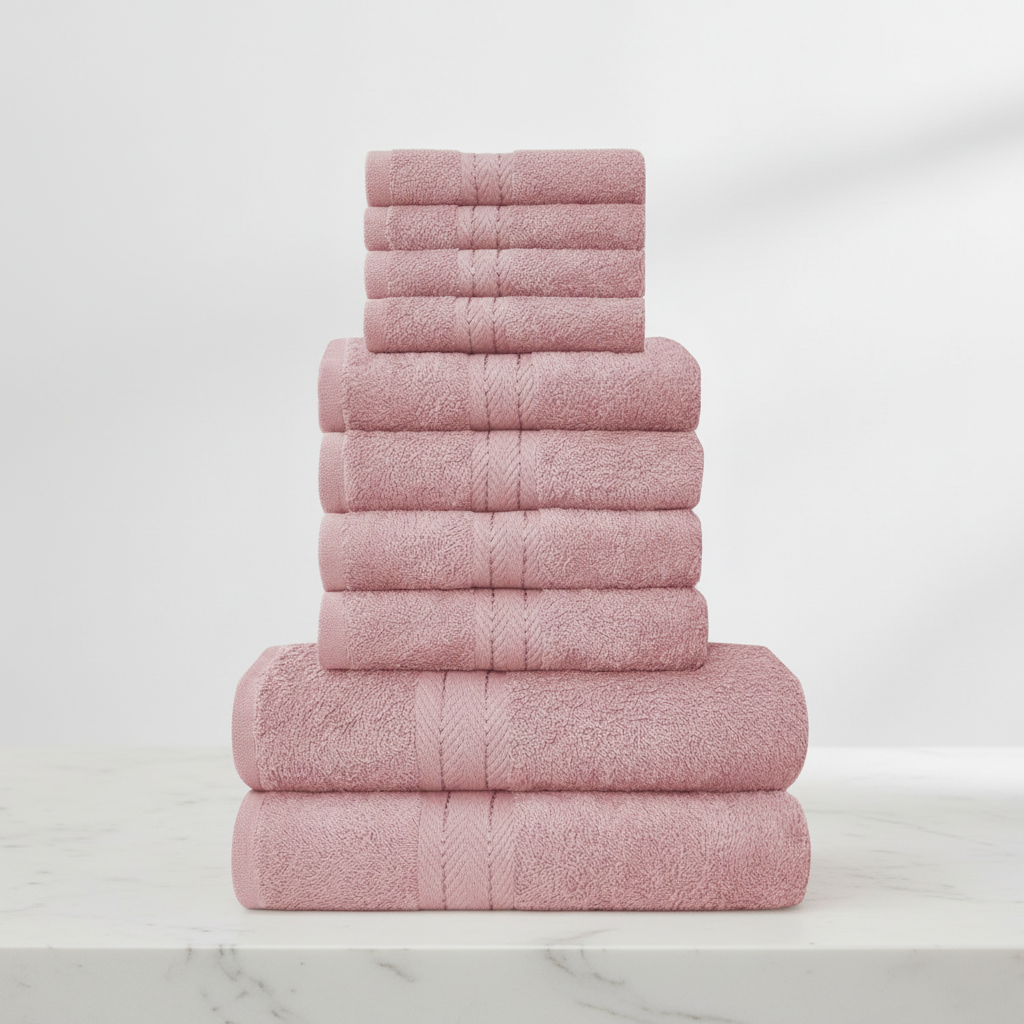 Lila 10-teiliges Handtuchset aus Premium-Baumwolle, flauschig weich, für Bad & Wellness.