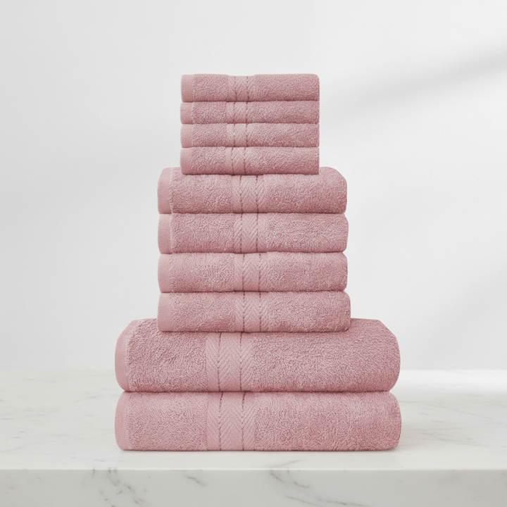 Lila 10-teiliges Handtuchset aus Premium-Baumwolle, flauschig weich, für Bad & Wellness.