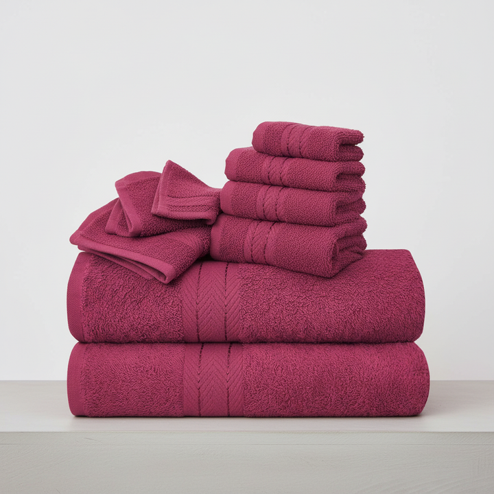 Dunkelgrünes 10-teiliges Frotteehandtuchset, saugfähig & strapazierfähig, ideal für Badezimmer.
