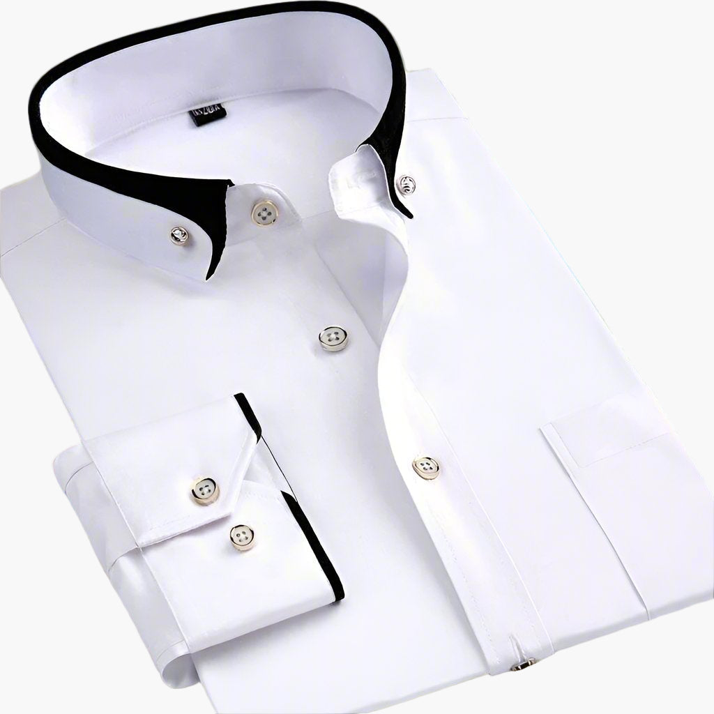 Nahaufnahme des Kontrastkragens dieses eleganten Herren-Langarmhemdes, perfekt für Büro & Alltag.