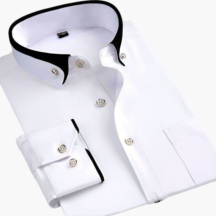 Nahaufnahme des Kontrastkragens dieses eleganten Herren-Langarmhemdes, perfekt für Büro & Alltag.
