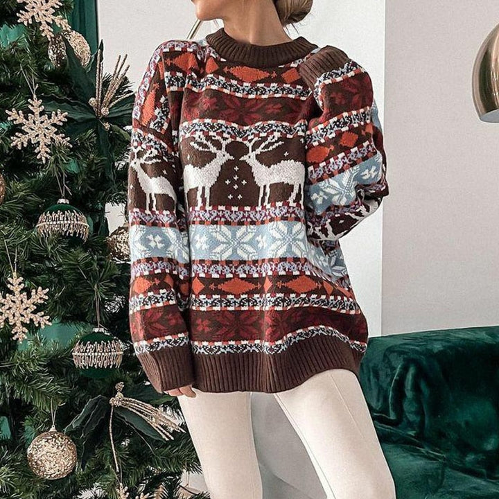 Festlicher Damen Strickpullover mit eleganten Schneeflocken, ideal für die Weihnachtszeit.