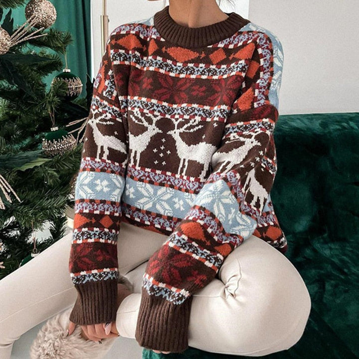 Roter Damen Weihnachtspullover mit Langarm, festlich und warm für die kalte Jahreszeit.