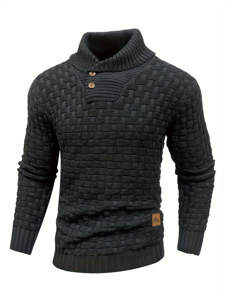 Nahaufnahme: Waffelstruktur und eleganter Schalkragen des Herren Winterpullovers.