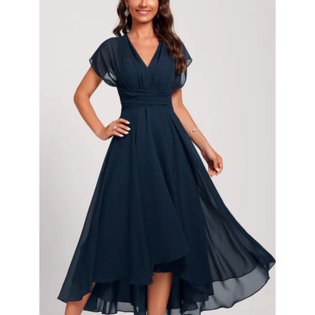 Elegantes marineblaues Damen A-Linien Kleid mit Empire-Taille und V-Ausschnitt, perfekt für Hochzeitsgäste und Cocktailevents.