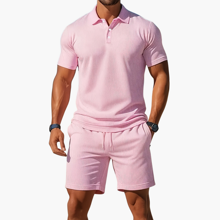 Herren Sommer Set: Polohemd & Shorts mit praktischer Knopfleiste und Kordelzugbund. Ideal für Freizeit.