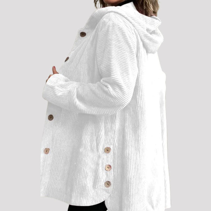 Vintage-inspirierte Damen-Kordjacke mit Kapuze, einfarbig und bequem für Herbsttage.