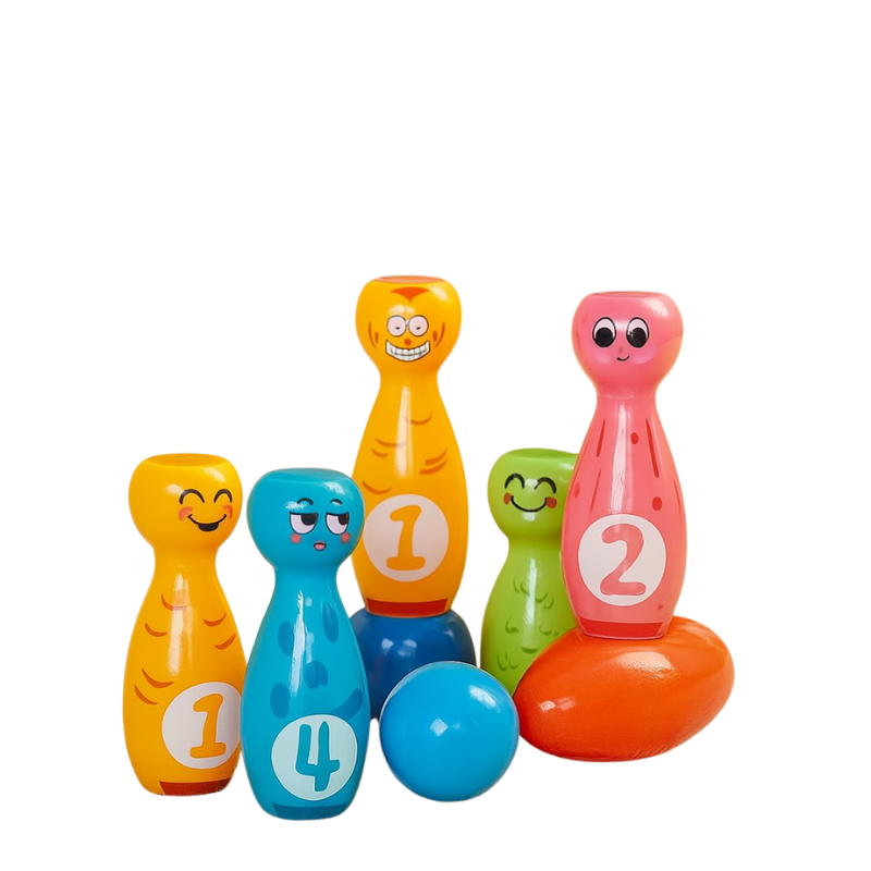 Buntes Kinder Bowling-Spielset mit Kegeln & Bällen, ideal für drinnen & draußen. Fördert Motorik & Familienspaß.