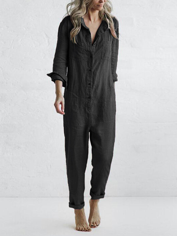 Vorderansicht des Damen Langärmeliger Jumpsuits Sydney. Ein bequemer und eleganter Overall für jede Frau.