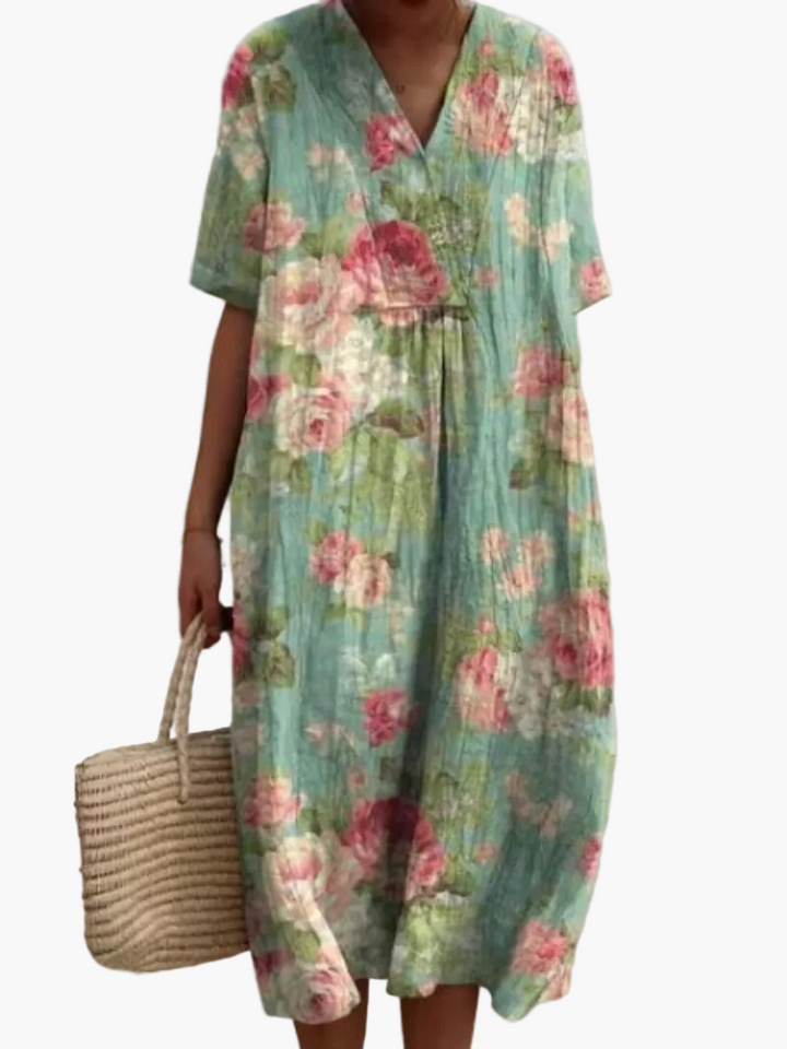 Vielseitiges Damen Sommerkleid im Vintage-Stil, Blumenmuster, kurze Ärmel, für Alltag und besondere Anlässe.