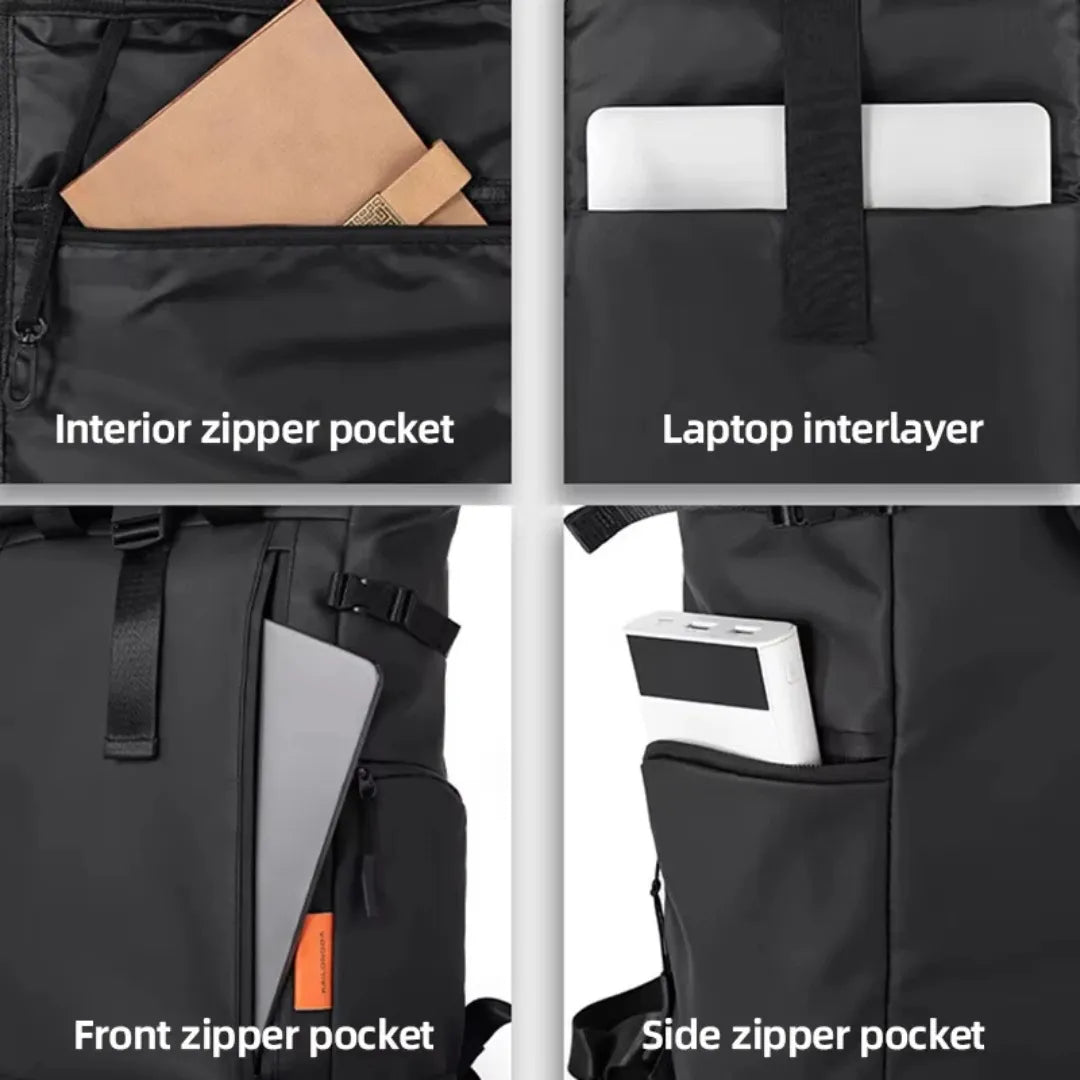 Ergonomischer Roll-up Rucksack mit verstellbaren Trägern, ideal als Laptop-Rucksack für langen Komfort.