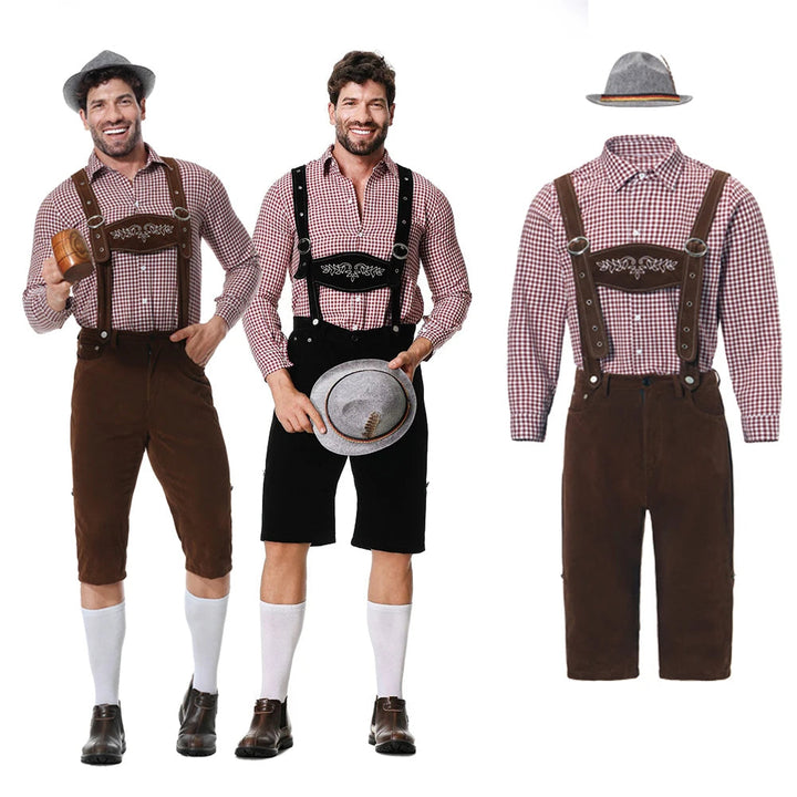 Mann im festlichen bayerischen Trachten-Set mit Lederhose, Hemd und Krawatte. Bereit für das Oktoberfest Event.