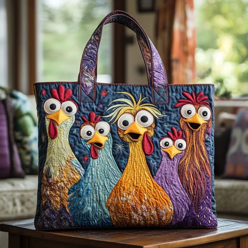 Farbenfrohe handgefertigte Damentasche mit einzigartigem Hühnermotiv. Gepolsterte Baumwoll-Handtasche, ideal als Shopper.