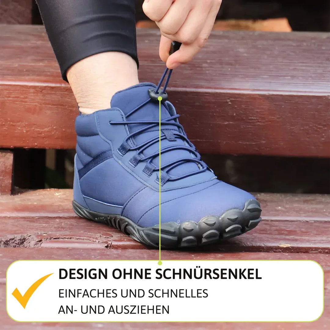 Detailansicht der flexiblen Unisex Winter Barfußschuhe, blau, die Wärme und Outdoor-Komfort bieten.