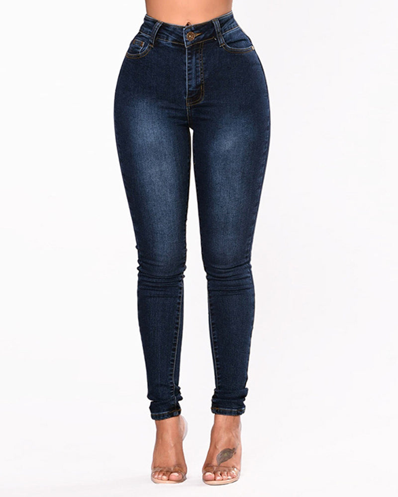 Dunkelblaue Damen High Waist Skinny Jeans, figurbetont und komfortabel, perfekt für den Alltag.