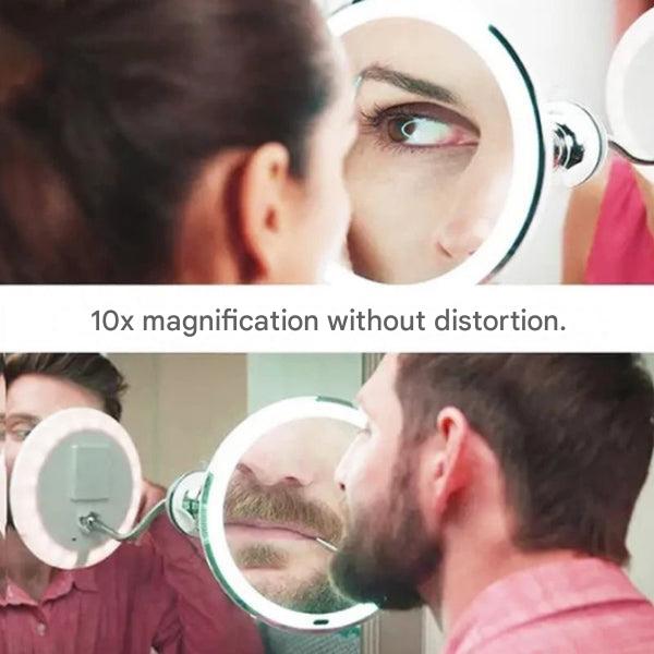 Unisex LED Kosmetikspiegel, batteriebetrieben, mit 10X Zoom, Saugnapf und Schwanenhals für optimale Flexibilität.