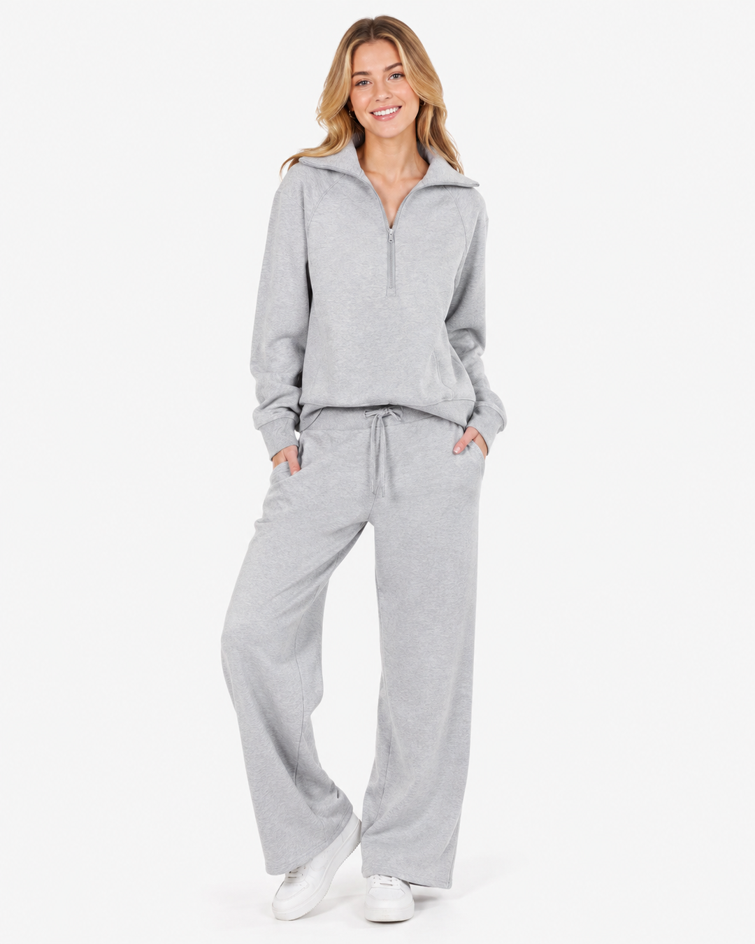 Praktisches Damen Hosen Set: Sweatshirt mit Reißverschlusskragen & weite Hose für Homeoffice & Relax.