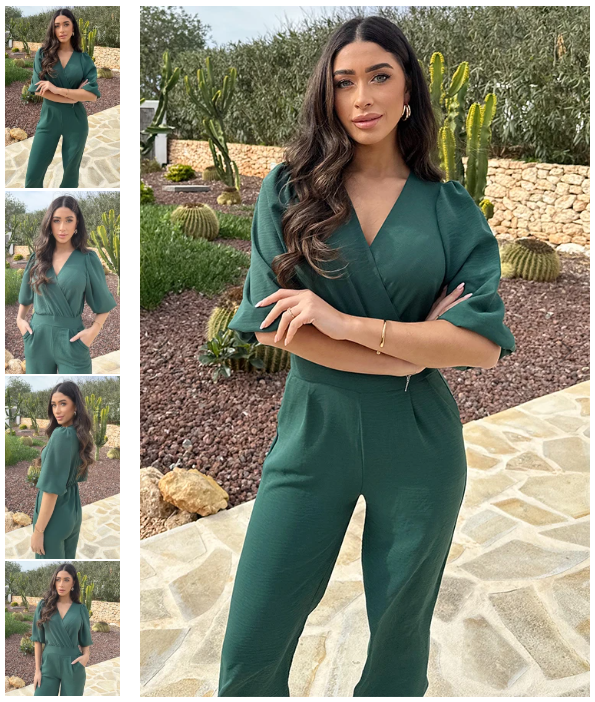 Eleganter Damen Jumpsuit mit V-Ausschnitt & 3/4 Ärmeln. Vielseitiger Overall, tailliert für Freizeit, Büro & Abendgarderobe.