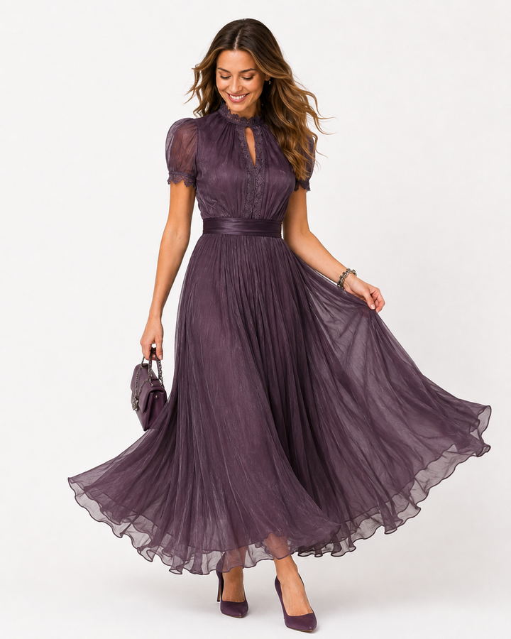 Elegantes lila Damen O-Ausschnitt Maxikleid für Party und besondere Anlässe. Fließendes Abendkleid für Frauen.