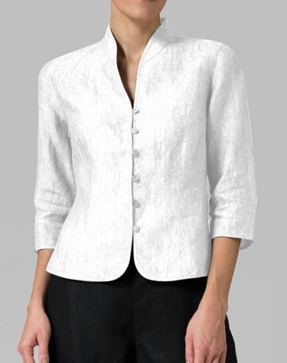 Grüner Damen Blazer mit Stehkragen, perfekt fürs Büro. Elegante Damenmode mit 3/4 Ärmeln.