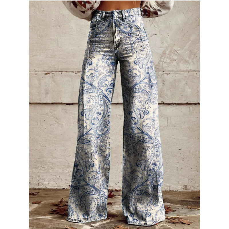 Fashion-Statement: Damen-Schlaghose mit Retro-Blumenmuster, perfekt für stylische Freizeit-Outfits.