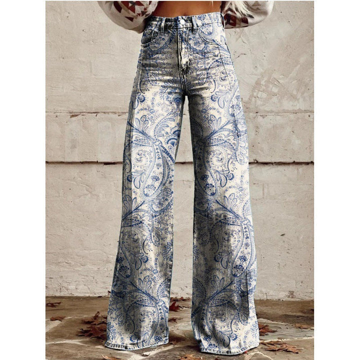 Fashion-Statement: Damen-Schlaghose mit Retro-Blumenmuster, perfekt für stylische Freizeit-Outfits.