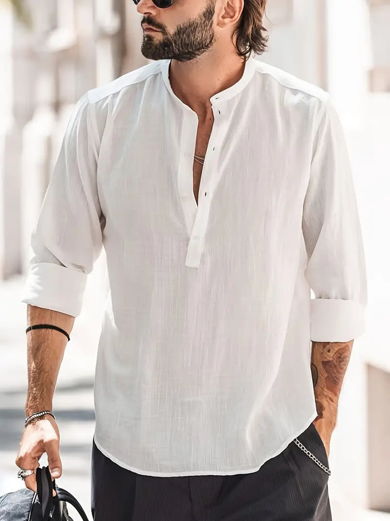 Atmungsaktives Herren Langarmhemd mit Bootskragen im Vintage-Stil; bequemes Casual Basic für jeden Tag.